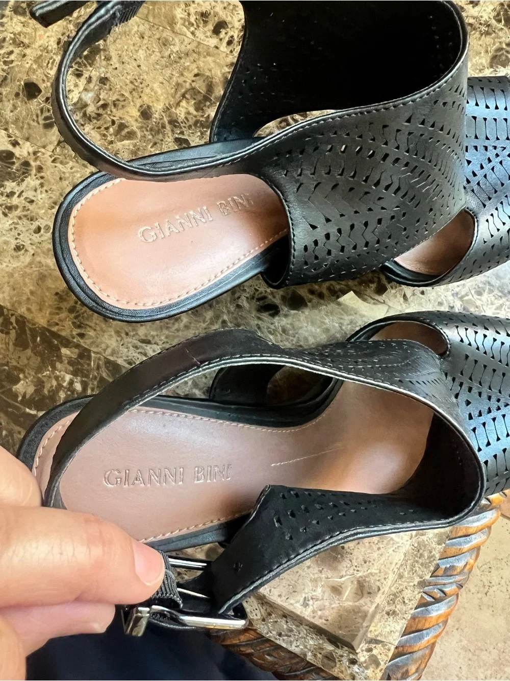 Gianni Bini Black Perforated Leather Wedge Sandals